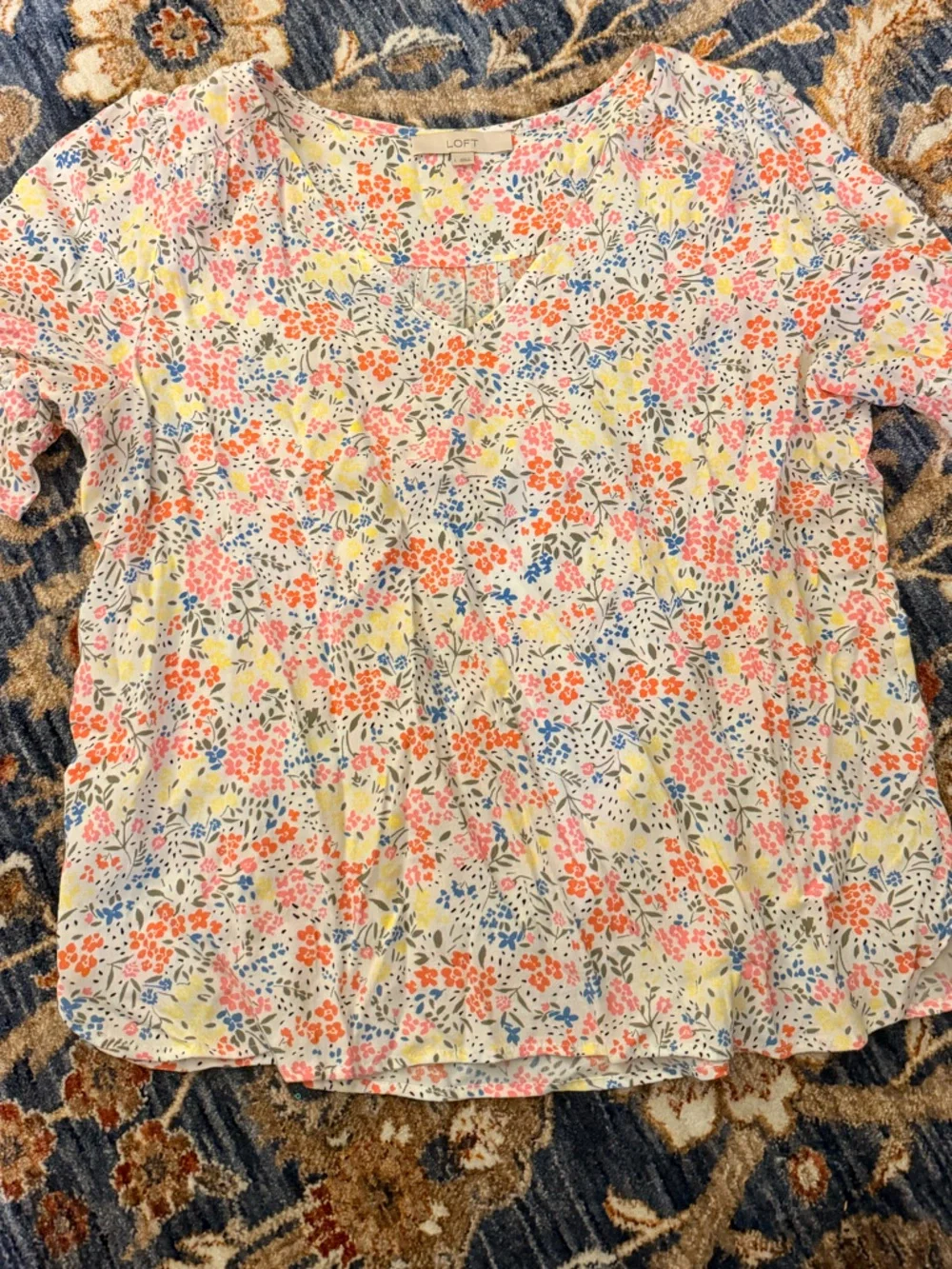 LOFT White Floral V-Neck Top with Coral, Pink & Blue Accents - Picture 2 of 2